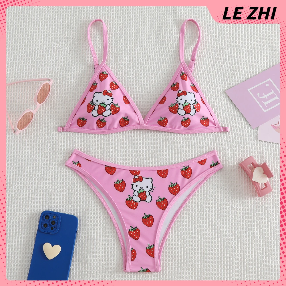 

Kawaii Hello Kitty Sexy Bikini Maiden Heart Strawberry Print Design Frenum High Elasticity Fashion Y2k Padded Bra Swimming Suit