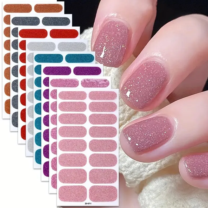 Nail Polish Strips 8 Sheets Nail Full Wrap Nail Polish Strips Pink Glitter Self-Adhesive Gel Sticker Women Home DIY Self Supplies Manicure Kit