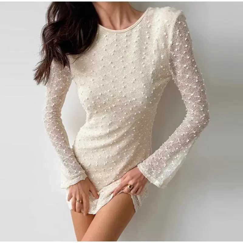 Sexy Backless Jacquard Mini Dress Women Flare Long Sleeve Lace Up O-neck Party Dresses 2025 Lady Slim Evening Beach Gowns New