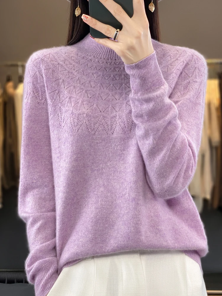 

Autumn Winter New Women Pullover Mock-neck Basic Sweater 100% Merino Wool Hollow Solid Cashmere Knitwear Female Bottoming Shirt