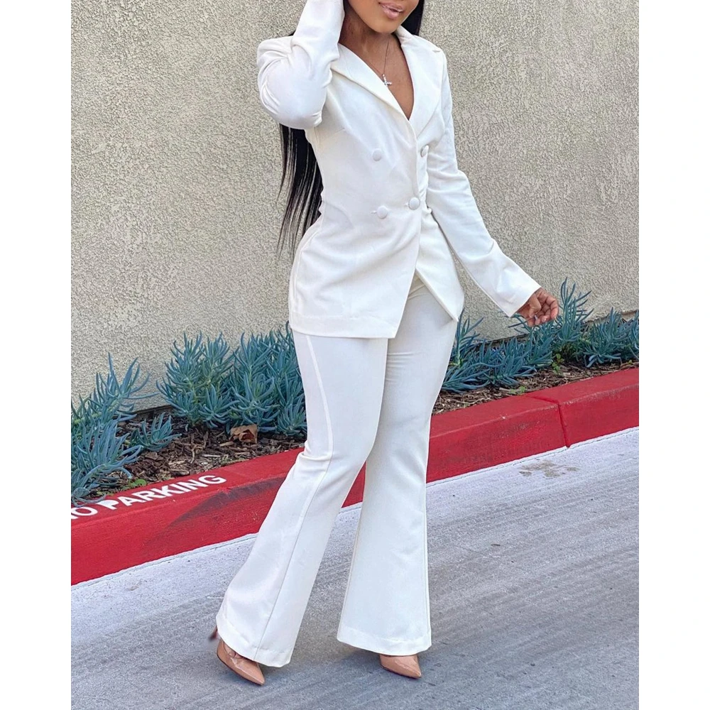 Elegant Women Nothched Collar Double Breasted Blazer Top & Pants Flared Set Streetwear Two Pieces Suit Set for Office Lady 2024