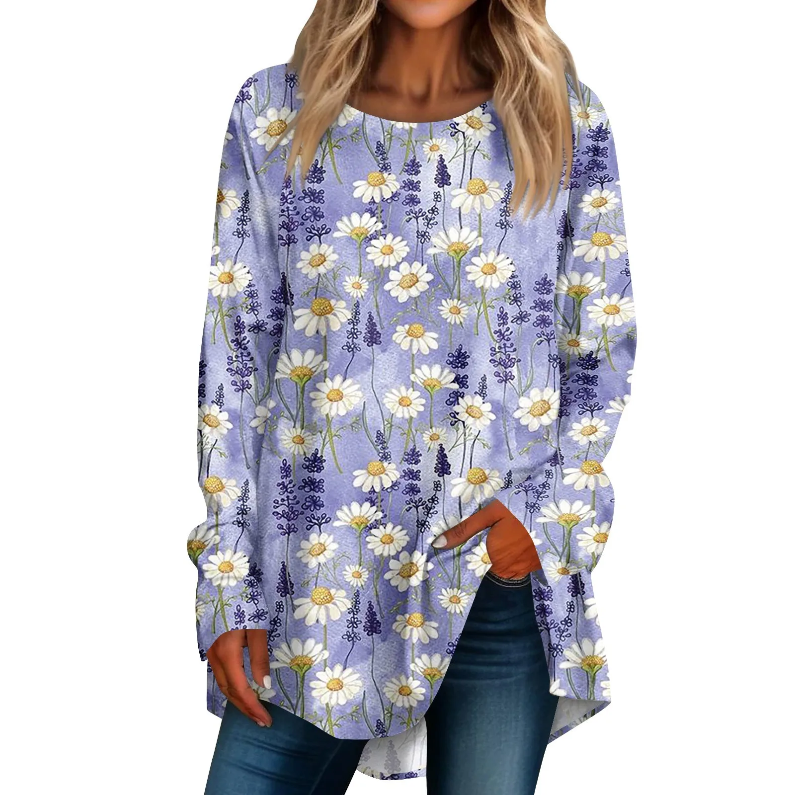 Long Sleeved T-shirt For Women Flower Print Ladies Clothing Spring Round Neck Women's Top Imitation Cotton T Shirt 2024 New