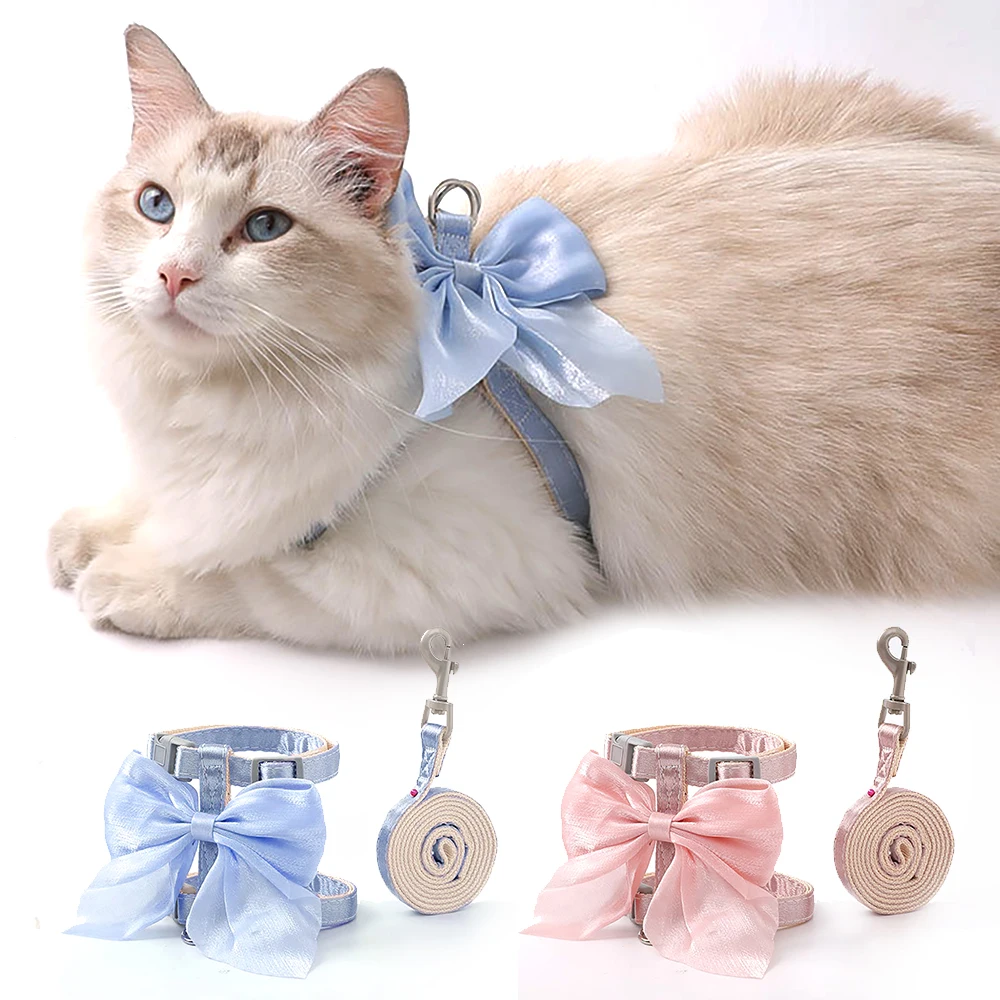 Cat Harness And Leash Set With Big Bow, Escape Proof Kitten Lead, Adjustable H-Type Vest For Walking, Cute Shiny Accessories_voghion.com