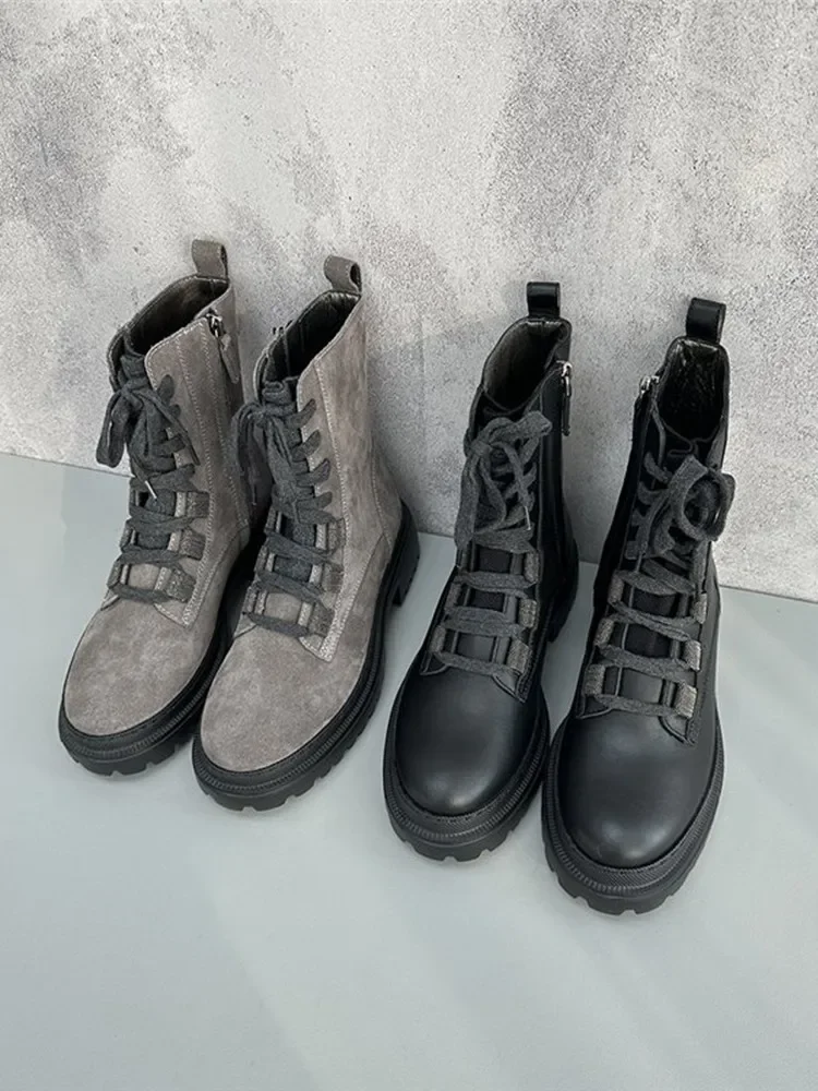 

Women's Short Boots 2023 New Genuine Leather Lace-Up Beading Chain Round Toe Zipper Casual Soled Shoes