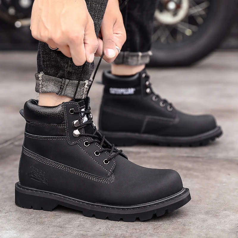 

Fashion Plush Men Women Yellow Genuine Leather Trekking Camping Boots Outdoor Hiking Work Shoes Motorcycle Male Booties Footwear