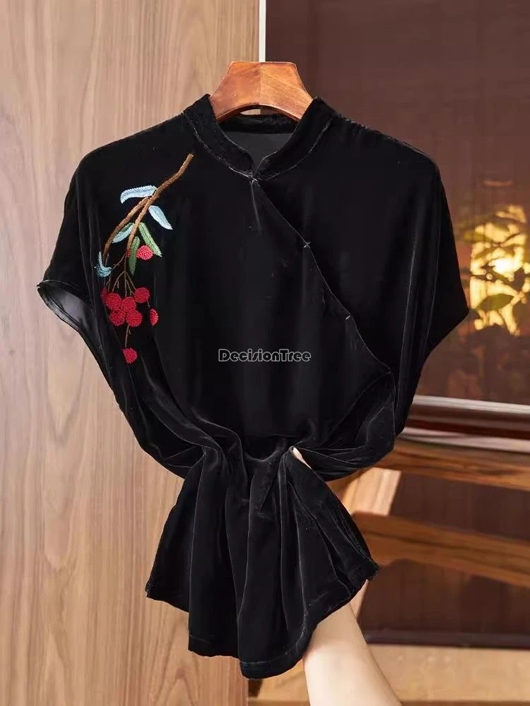 chinese velvet embroidery stand collar short sleeve cheongsam top women's summer new retro casual loose qipao t-shirt w904