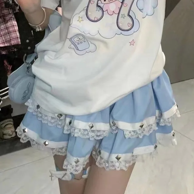Saia Harajuku Kawaii de Renda Roqueira Branca e Preta
