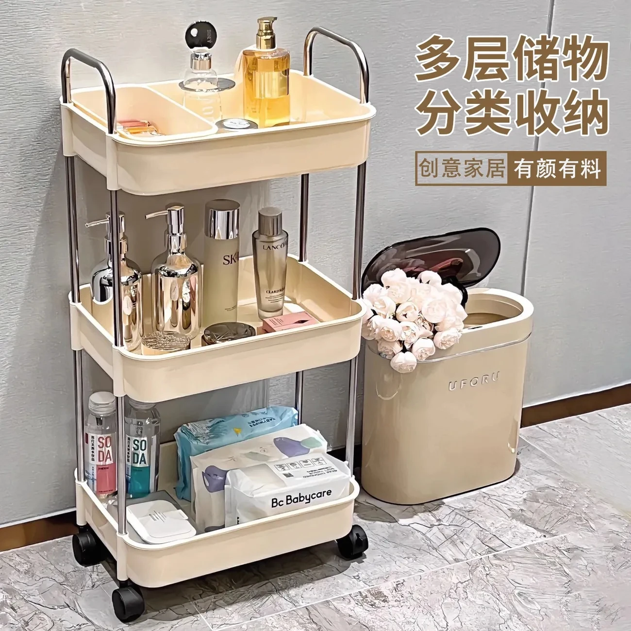 

Trolley Organizer Auxiliary Cart With Wheels Plastic Shelf kitchen Accessories Furniture Cabinet Storage Rack Multilayer