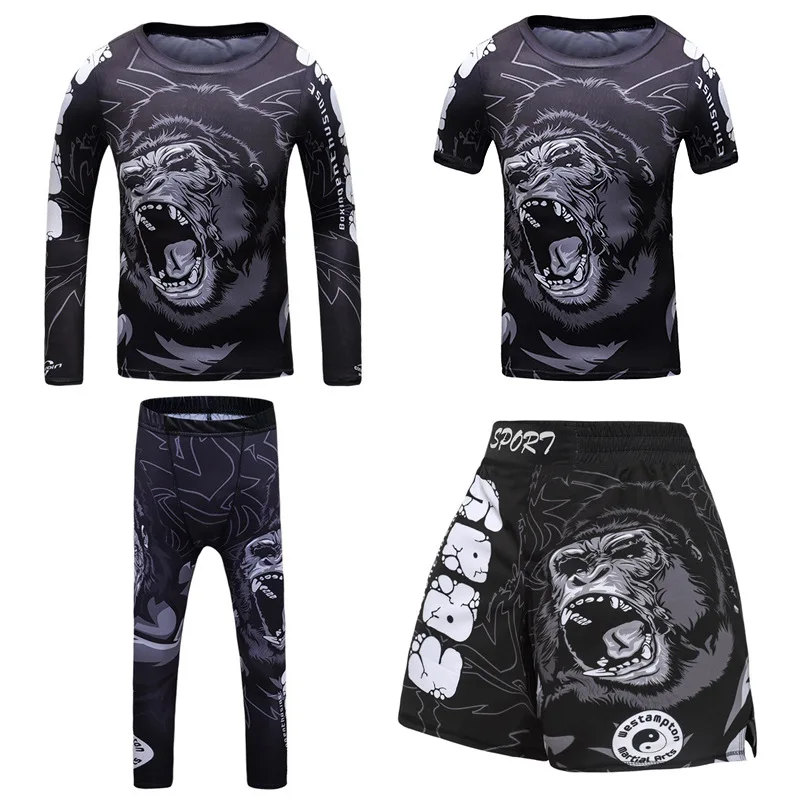 4Pcs Rashguard jiujitsu children custom print kickboxing compression t-shirts + kids no gi shorts pants mma training equipment