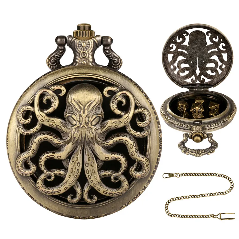 7 teile/satz Metall Polyedrische Würfel Set mit Hohl Octopus Taschenuhr Fall Fob Kette Gaming Würfel Zubehör für Rolle Spielen – Detail 1