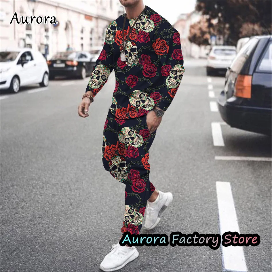 Spring Men Skull Rose Pattern Tracksuit Vintage Long Sleeve T-Shirt Trousers Set Joging Suit Male Casual Outfit Fashion Clothing
