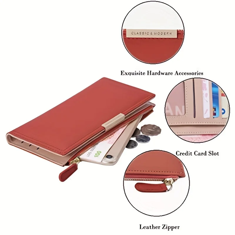 Portafoglio ultra sottile da donna, porta carte di credito con blocco RFID, portamonete lungo da viaggio con cerniera bifold - immagine 3