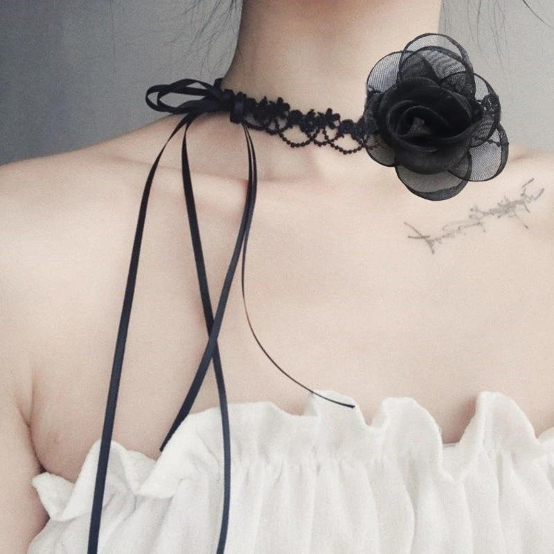 Sexy Neck-Band Necklace Cool Retro-Black Necklace Camellia Lace Choker Collar Chain for Women Girls Jewelry Ornament