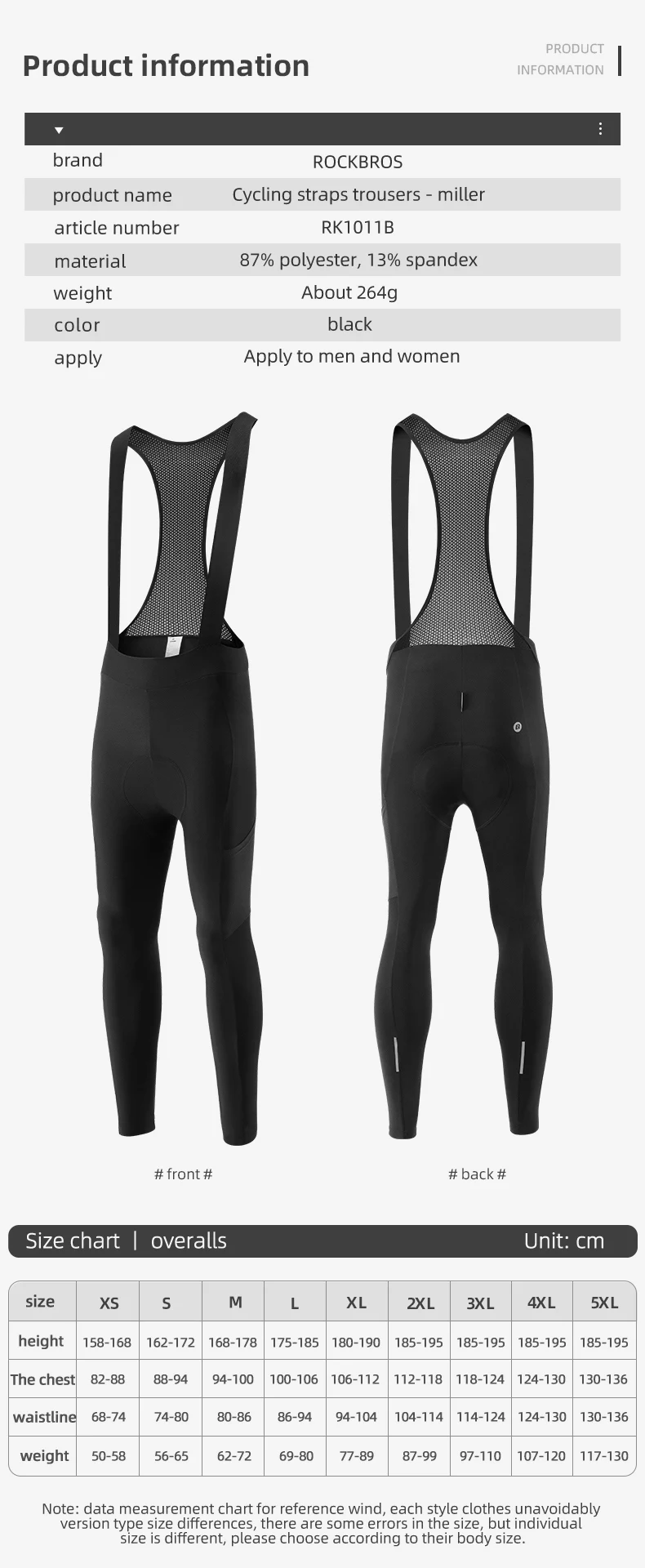 Description Picture 3 of itemROCKBROS Winter Bike Bib Pants Men Women 3D Cushion Padded Cycling Full Pants Fleece Warmer MTB Road Sports Bicycle Trousers