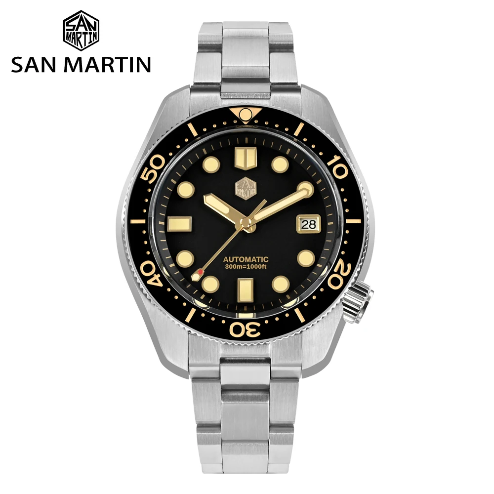 San Martin 44mm MM300 Black Turtle NH35 Men's Watch Mechanical Vintage Sapphire Date Window Gilt Dial 30Bar Reloj Hombre SN0087