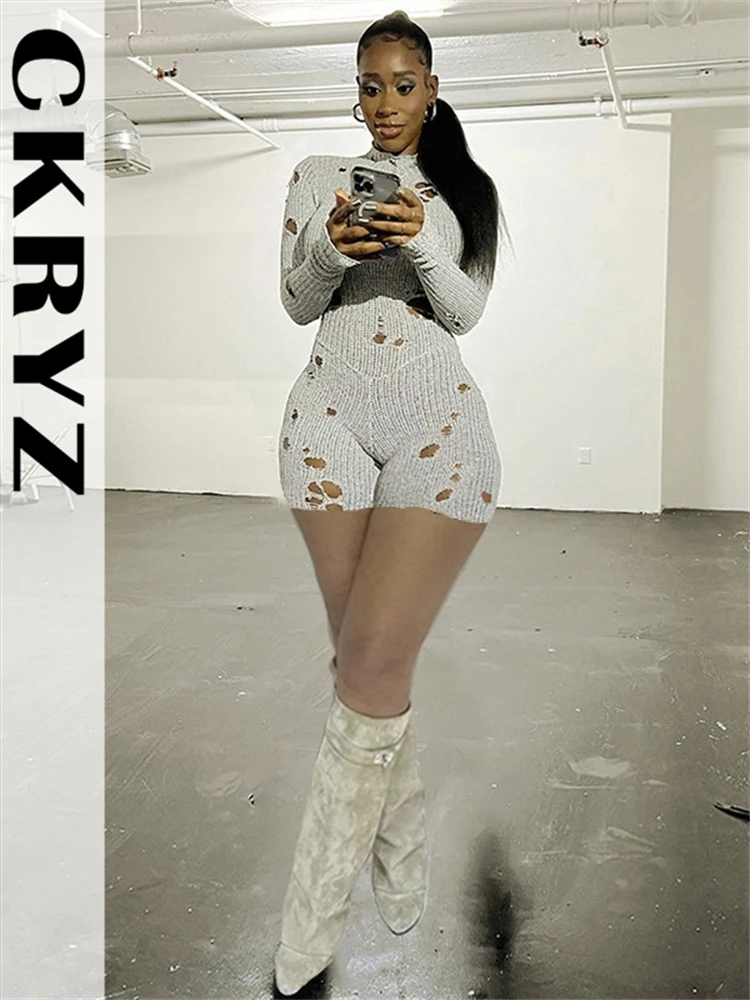 

Ladies Autumn Knitted Long Sleeve O-Neck Hollow Out Sexy Bodycon Playsuit For Women New Fashion Night Club Streetwear Y2K Romper