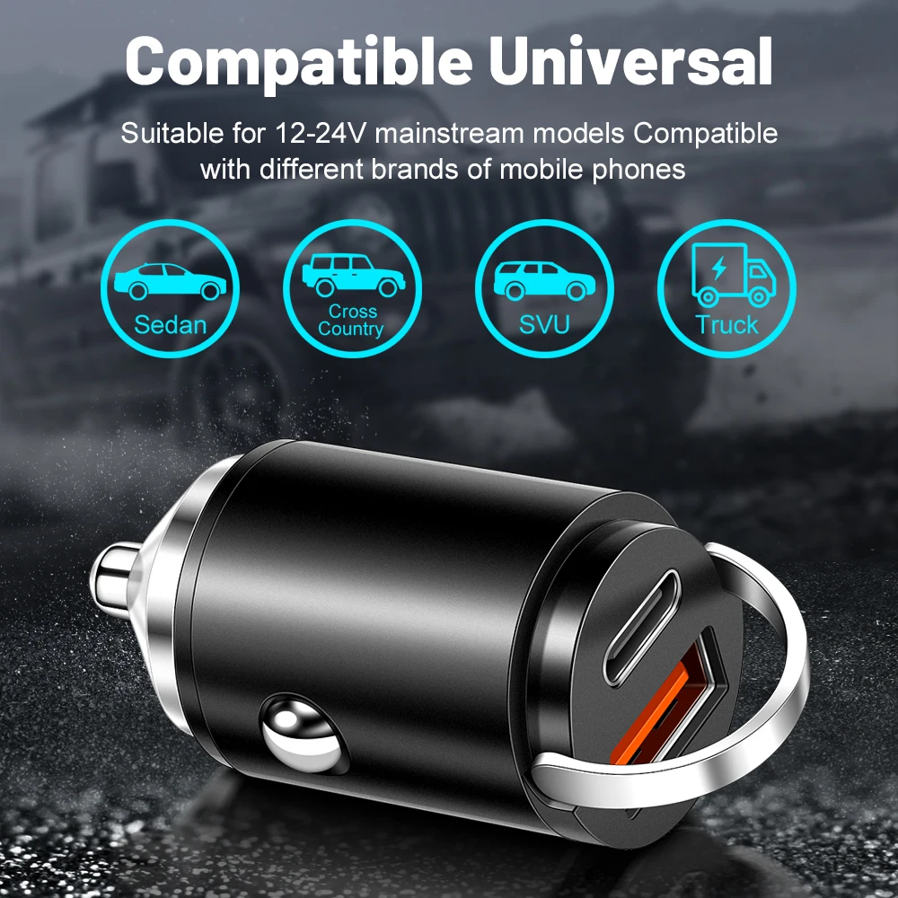 PD QC Pull Ring Fast Charging Car Charger USB C Car Phone Charger Adapter For iPhone Xiaomi Samsung Huawei