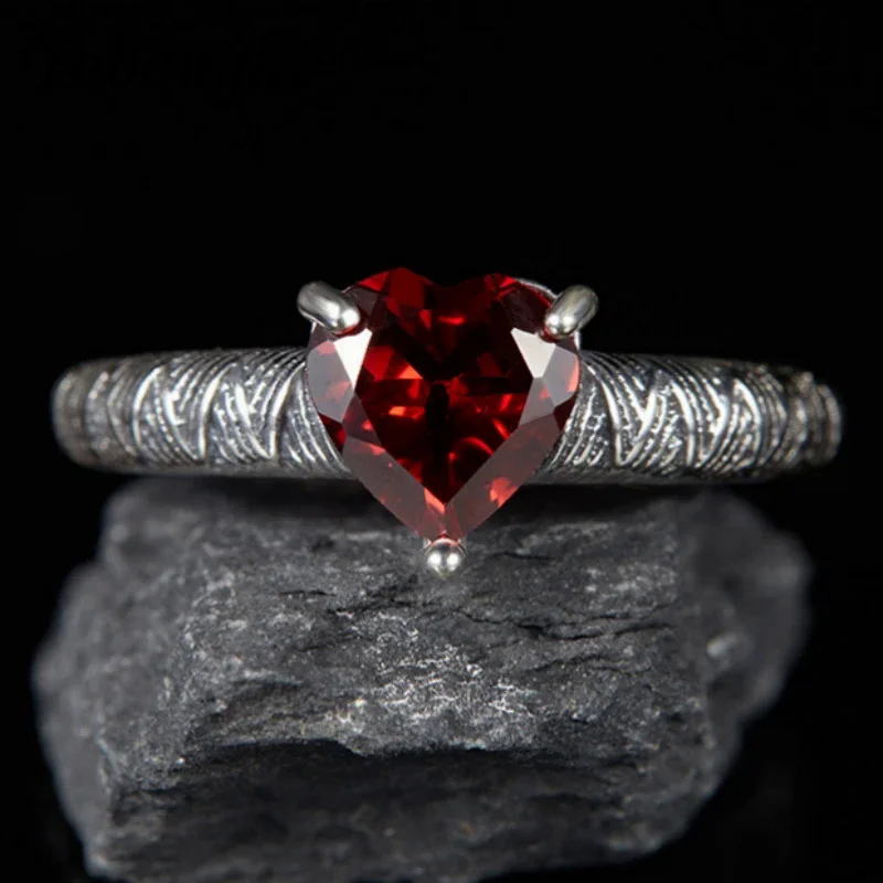 

Authentic S925 Silver Jewelry Colorful Gemstones Natural Garnet Women'S Ring Heart Shaped Gemstones Free Shipping