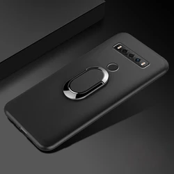 Premium Black and Blue Silicone Phone Case with Finger Ring for TCL 10 SE (Black)