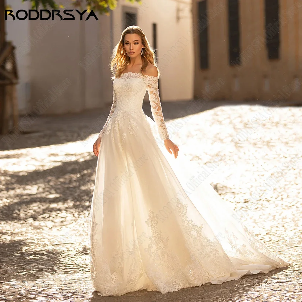 

RODDRSYA Civil Lace Wedding Dresses Long Sleeves Boat Neck Champagne Applique Bride Gown A-Line Tulle Illusion vestidos de novia