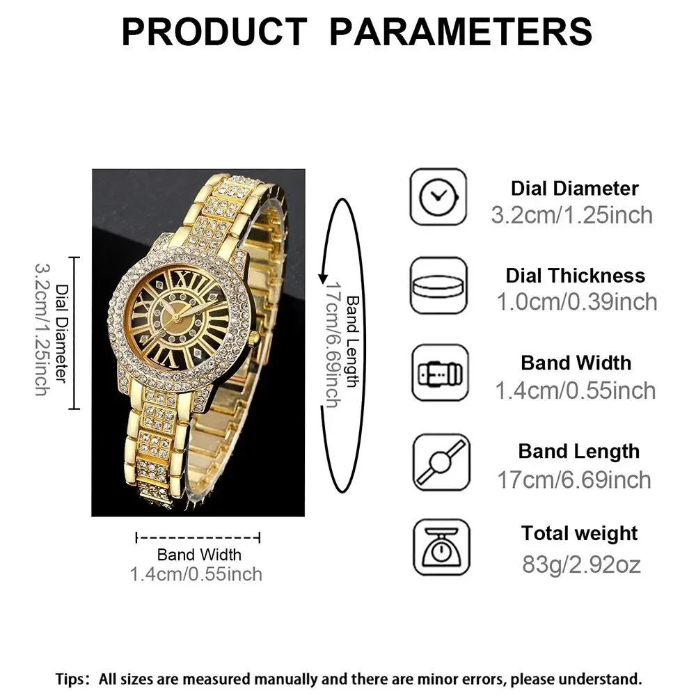 2pcs Women's Watch Gorgeous Style Diamond studded Alloy Steel Strip Quartz Watch and Diamond studded Cuban Chain Bracelet 5