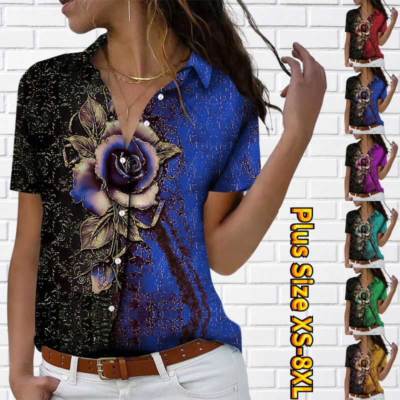 

V-neck Loose Size Blouse Summer Street Retro New Design Printing Short Sleeve Women Everyday Trend Sexy Button Shirt XS-8XL