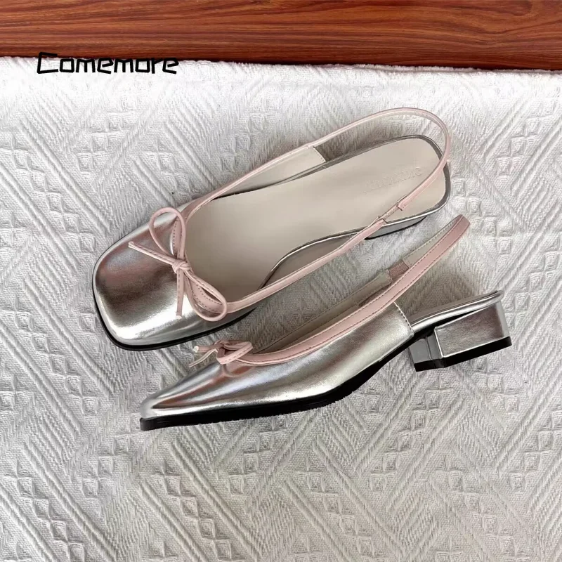 

Comemore Square Toe Slip on Shoe for Woman Comfortable Bow Women Sandals Pumps Elegant Sweet Low Heels Women's Sliver Shoes Heel