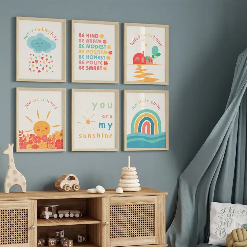 

Boho Cartoon Rainbow Sun Cloud Inspirational Quotes Wall Art Canvas Painting Posters Prints Baby Kids Bedroom Home Decoration