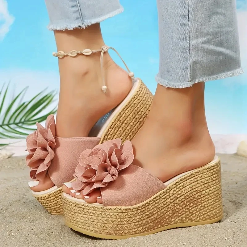 Aphixta Green Baby Pink New 3.54 Inch Hight Wedge Heels Appliques Flowers Platform Slides Women — view 4