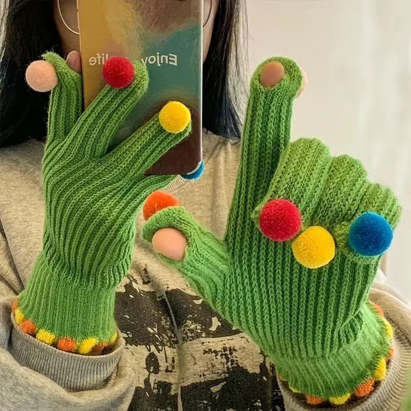 

Korean ins color hairball fingerless touch screen gloves small jelly beans cute students riding a thick couple to keep warm