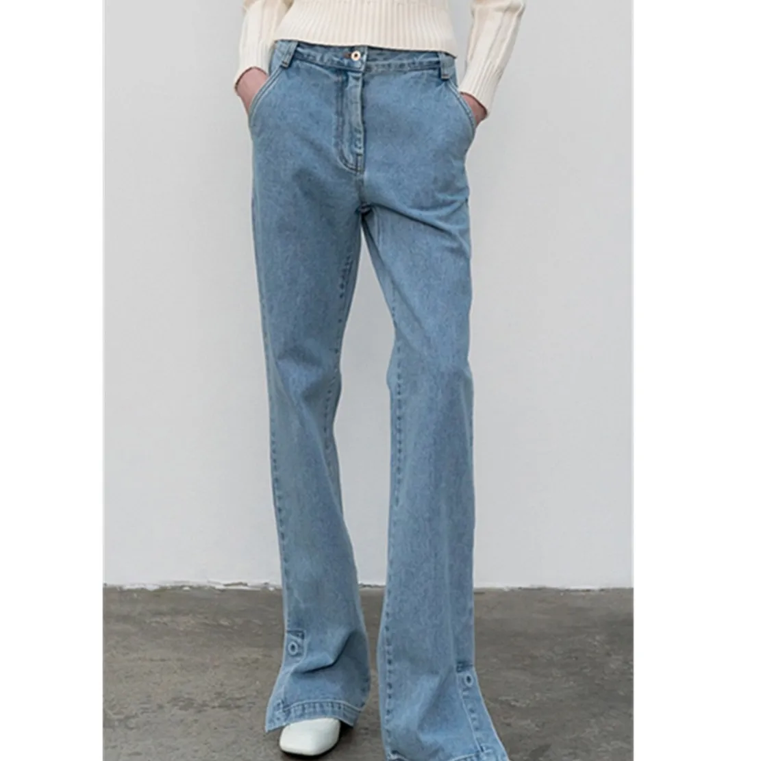 Dave&Di High Street Fashion Minimalist Side Split Jeans Women's High Waist Slim Leisure Slim Flap Pants Versatile Straight Jeans