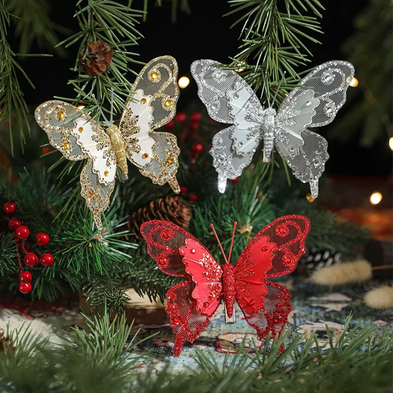 Christmas Tree Decoration Butterfly Hanging Pendant Glitter Red Gold Ornament for Navidad Noel New Year Home Party Decor