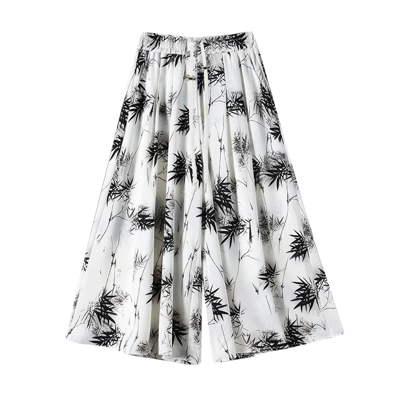 Chinese Style Maternity Culottes Drawstring Waist Wide Legs Trousers Fashion Printing Pregnant Woman Pantskirt Wide Leg Pants 2