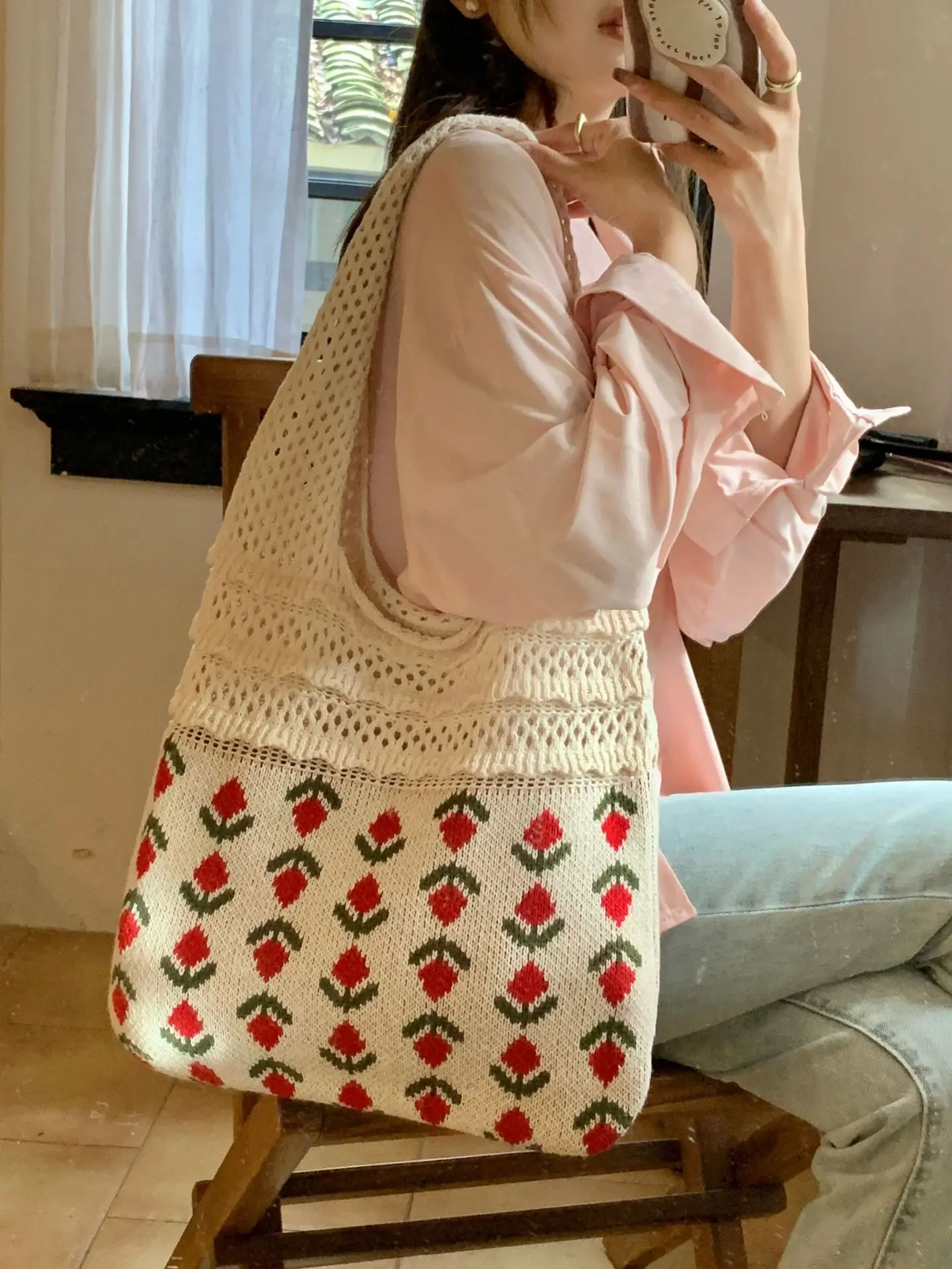 

Women Woven Tote Summer Beach Handbag Floral Handmade Weaving Shoulder Bags Hand Crochet Bag Flower Stitching Shopper Bag
