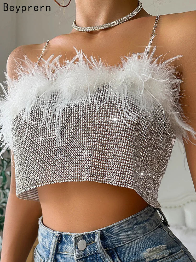 

Beyprern Gorgeous Backless Feather Rhinestone Crop Top Womens Glam Off Shoulder Meatal Crystal Party Tanks Festival Rave Outfits