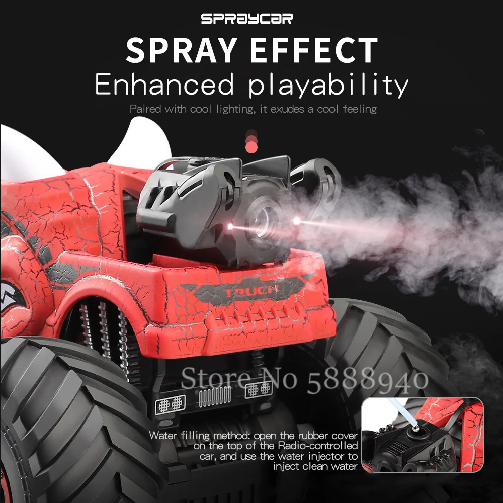 All Terrain Off Road Remote Control Electricity Dinosaur 360° Degret Rotating Larger Wheels Climber Spray Stunt RC Car Kids Toy 4