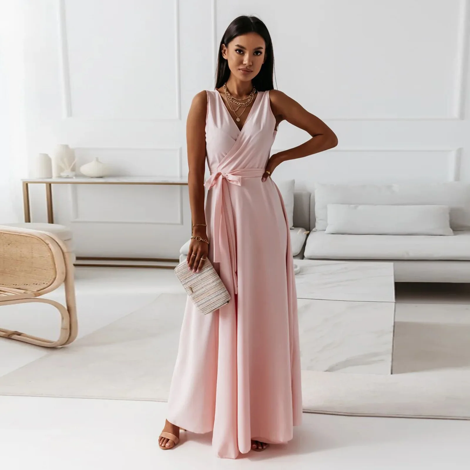 

Elegant Lady Simple Lace-up Belt Party Dress Fashion Women Solid Long Dress Summer V Neck Sleeveless Slim Waist Dresses Vestidos