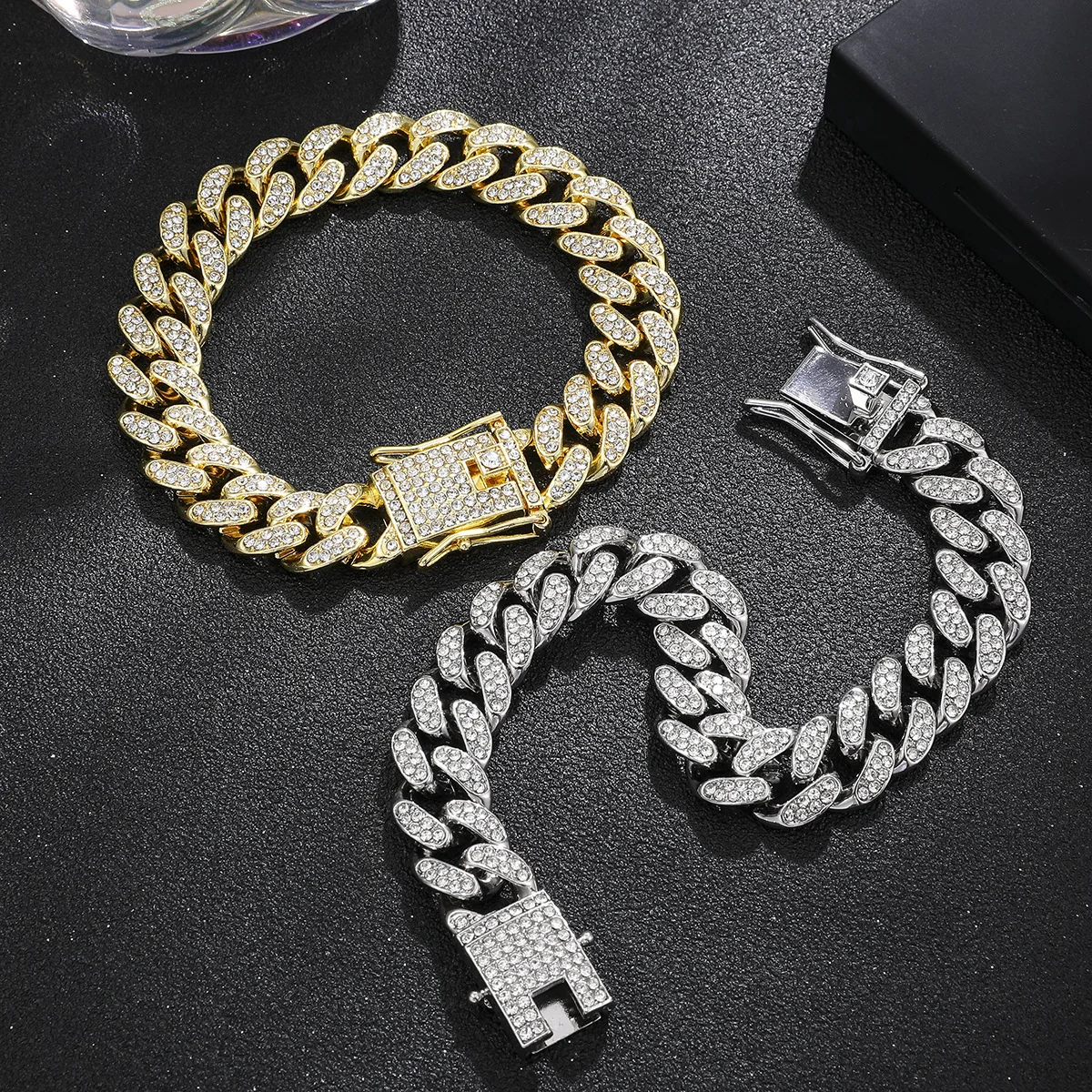 Full Crystal Stone Cuban Chain Hip Hop Bracelet For Men Silver Color Metal Link Chain Rhinestone Luck Closure Mens Bracelet