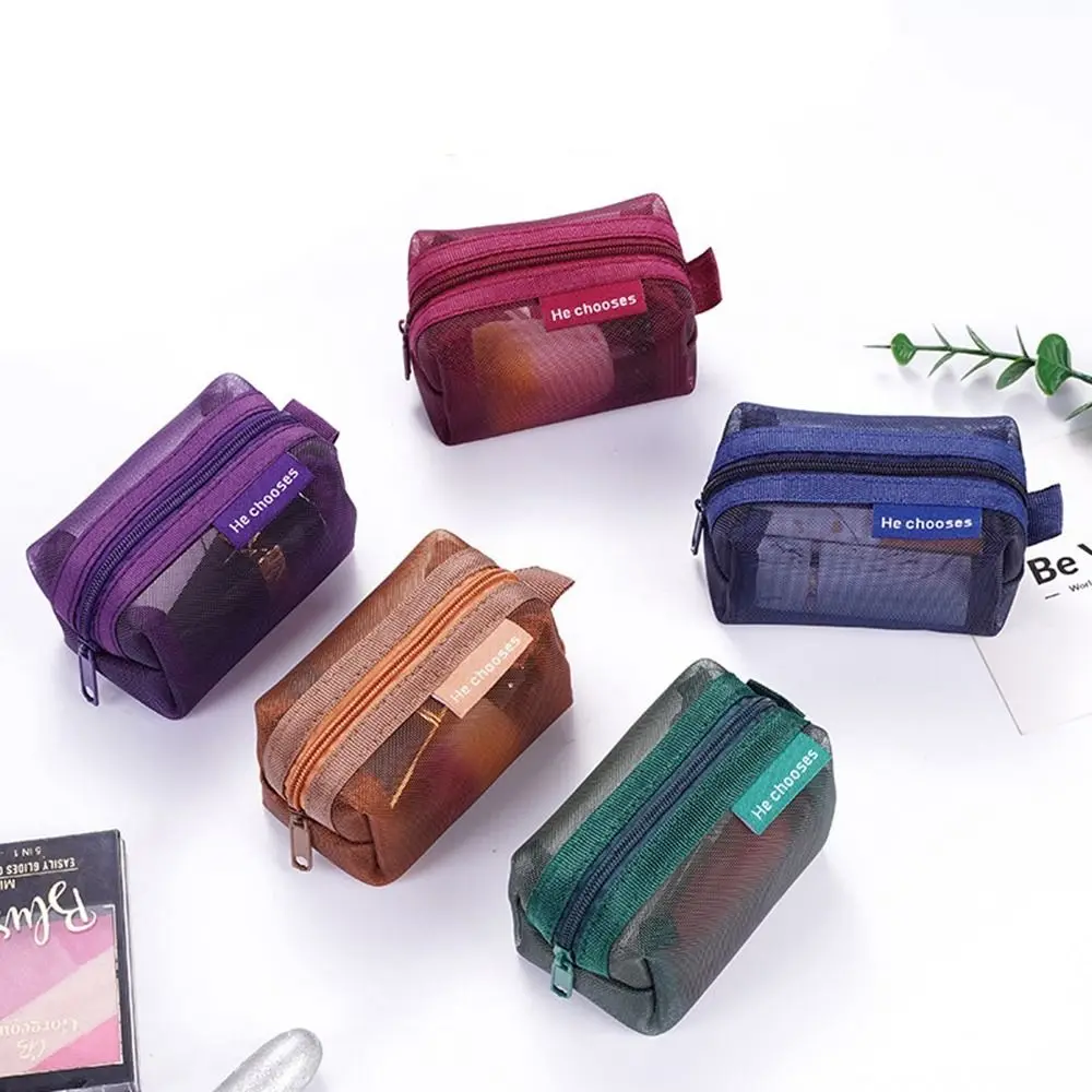 Makeup bag retro color mesh zipper storage transparent cosmetic toiletry organizer case for girls