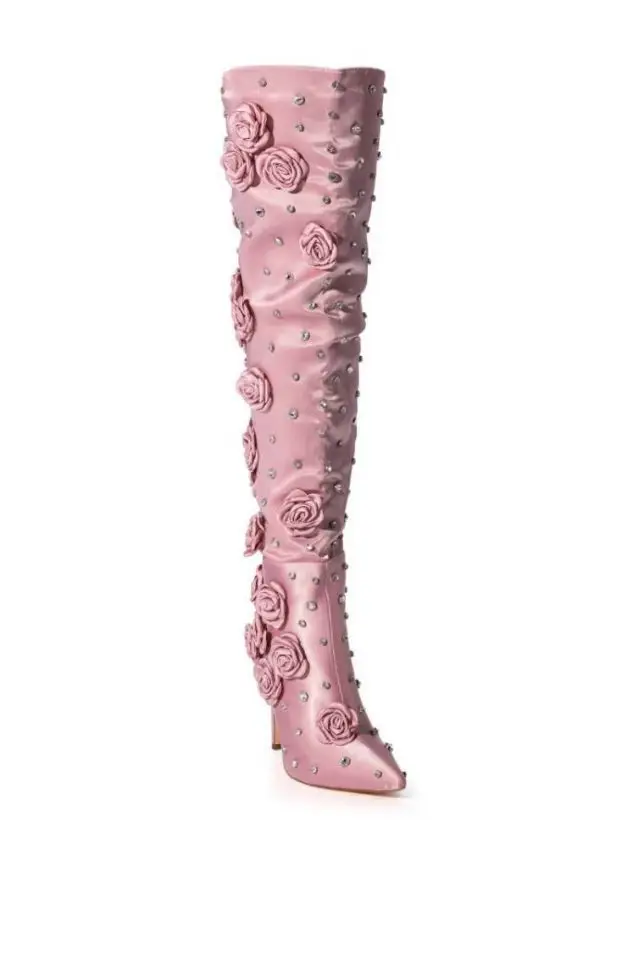 

European Station Pink Silk Rivet Rose Over Knee Fashion Slender Heel Boots Street Shoot Show Stage Boots Boot