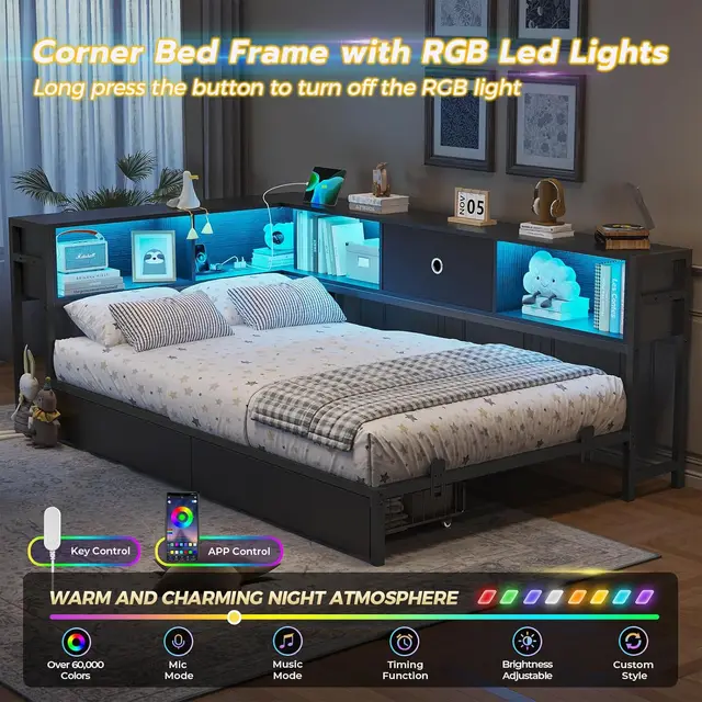 DICTAC Twin Corner Bed with Storage, Bookcase & LED 4
