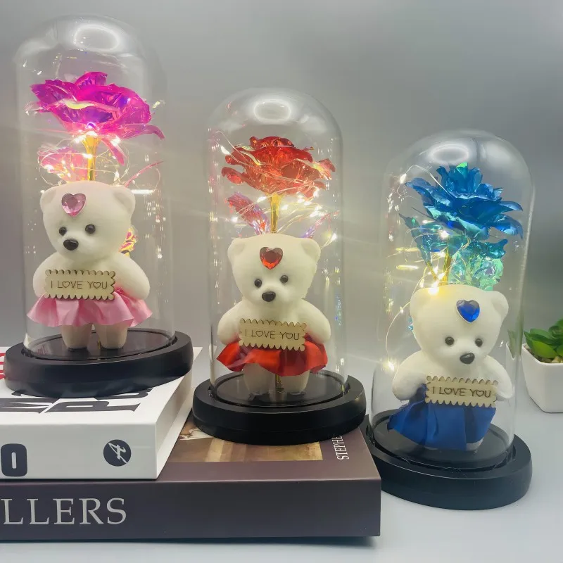 

LED Galaxy Rose with Acrylic Cover Artificial Flowers I Love You Bear Wedding Decoration Creative Valentine's Day Mother's Gift