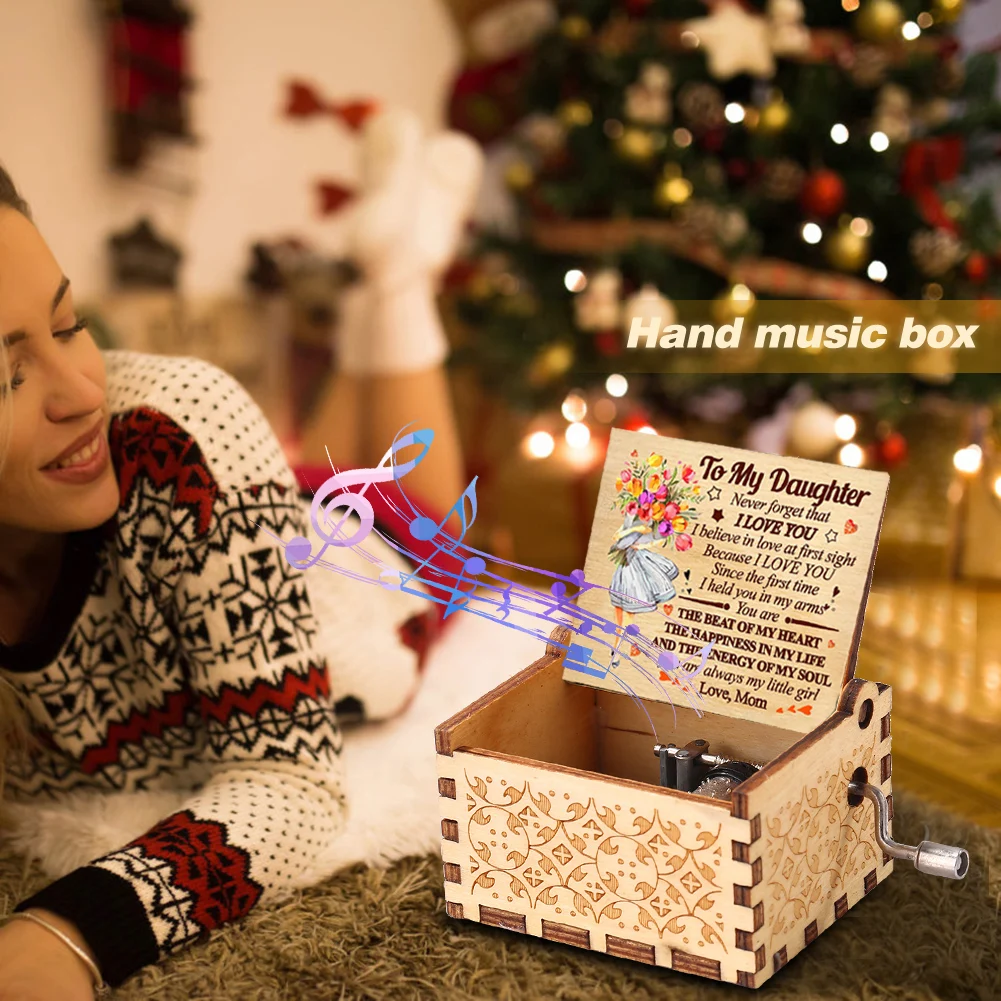Love You Mom Elegant Painted Music Box Vintage Gift Mom To My Daughter Wood Handmade Crank Carved Music Box Children Kids Gifts