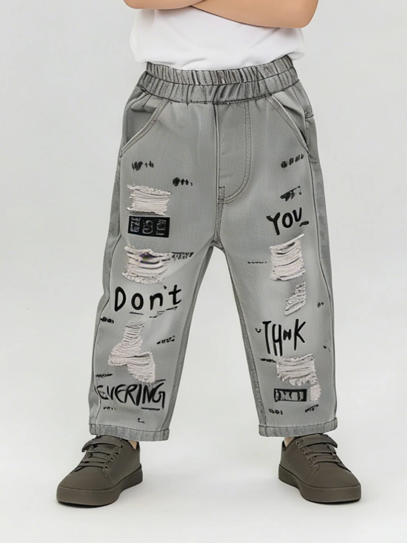 소년용 그레이 워싱 데미지 진 키즈 그래피티 프린트 와이드 레그 데님 팬츠 아동용 엘라스틱 허리 스트리트웨어 바지 2026 신상