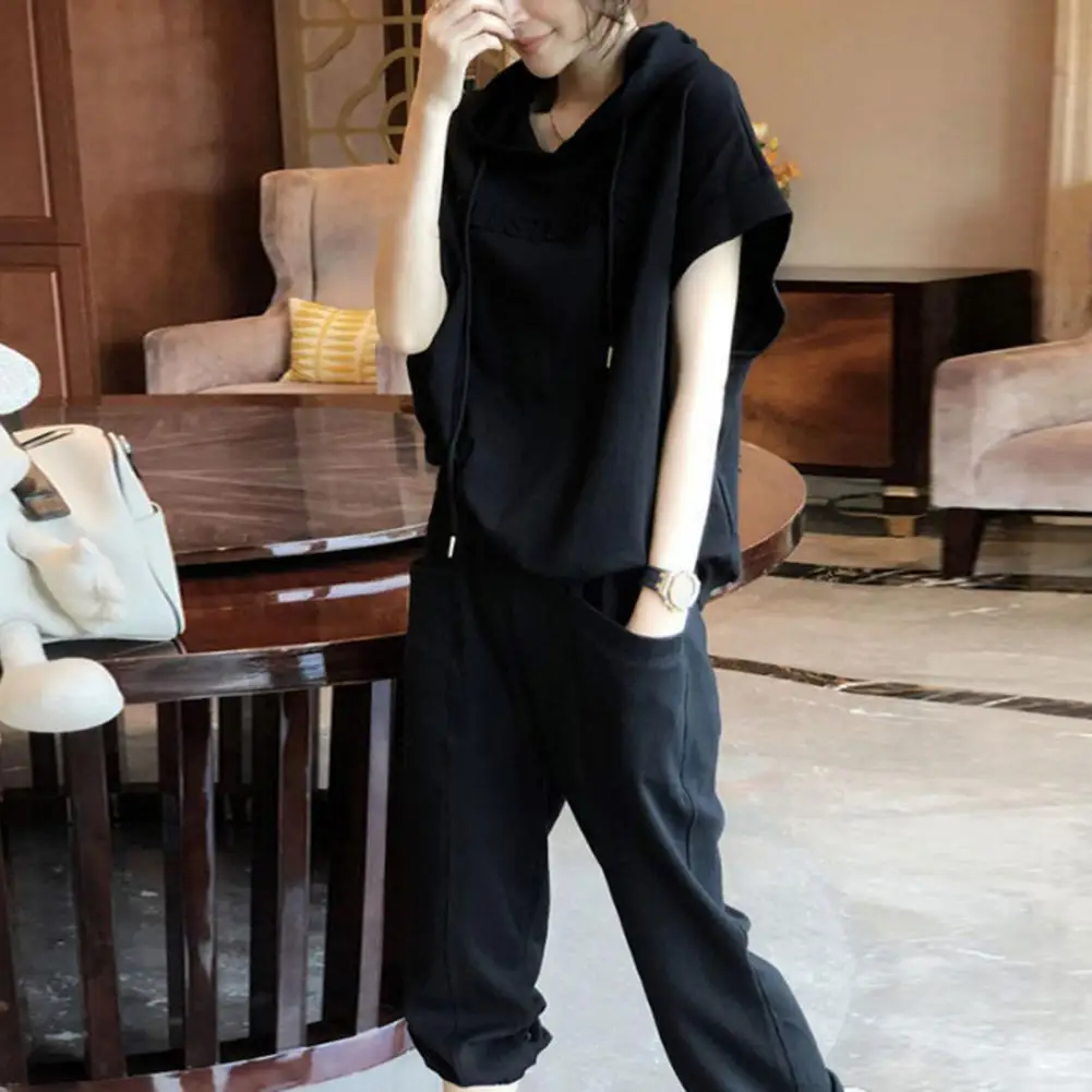 

Women Hoodie Pants Set Solid Color Short Sleeve Hooded Tops Elastic Waist Loose Casual Trousers Set conjuntos de pantalones