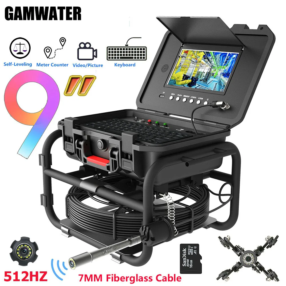 9" DVR Sewer Pipe Inspection Camera Self-Leveling 512HZ Locator Video+Audio Recording 5X Image Enlarge+Meter Counter Endoscope