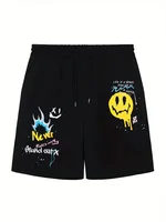 2024 Men's Casual "Never Stand Out" Smile Face Print Pockets Drawstrings Pleated Shorts 1