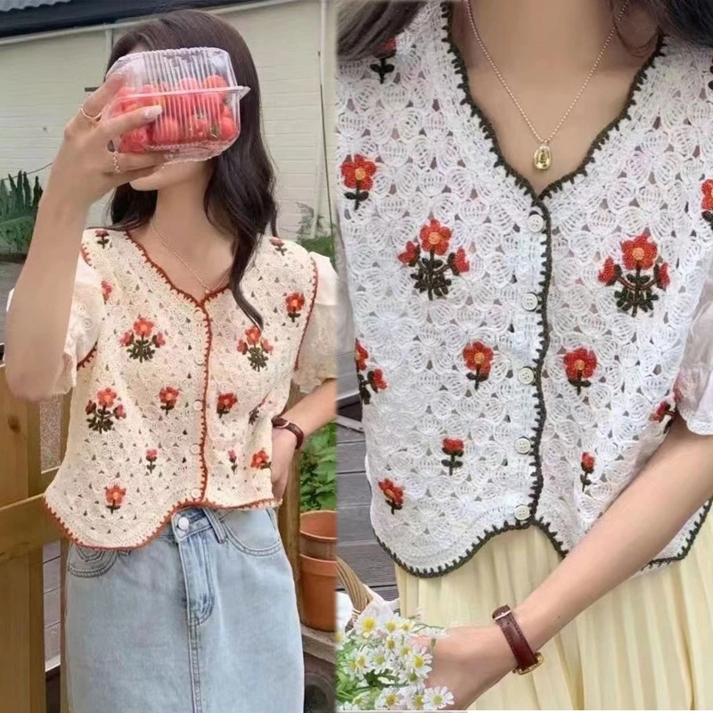 Women Floral Embroidery Cropped Cardigan Hollow Out Short Sleeve Button-Up Female V Neck Tops Casual Loose Blouse Dropship two piece short set men custom jersey basketball vest training shirt team uniform workout suits for dropship fashion clothing