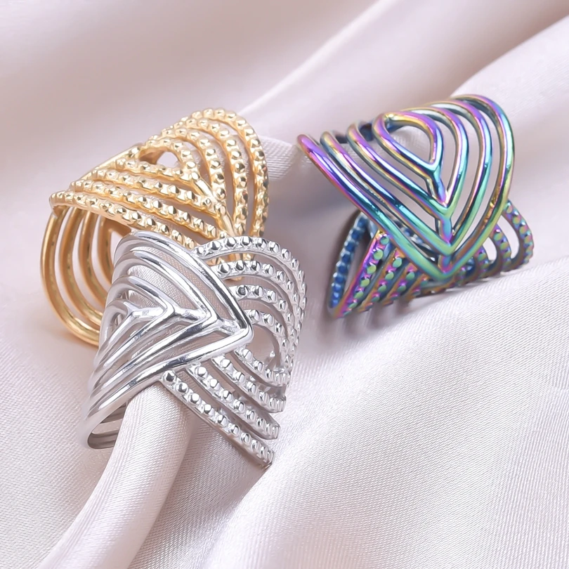 1/3Pcs Stainless Steel Geometric Hollow Wide Open Rings Trendy Exaggerated Finger Bijoux Anillos Jewelry 5