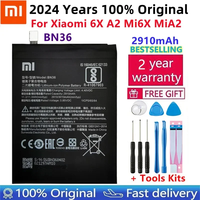 Xiaomi Original Replacement Phone Battery BN36 For Xiaomi Mi6X Mi 6X MiA2 Mi A2 Capacity 2910mAh Genuine Li-ion battery Tools